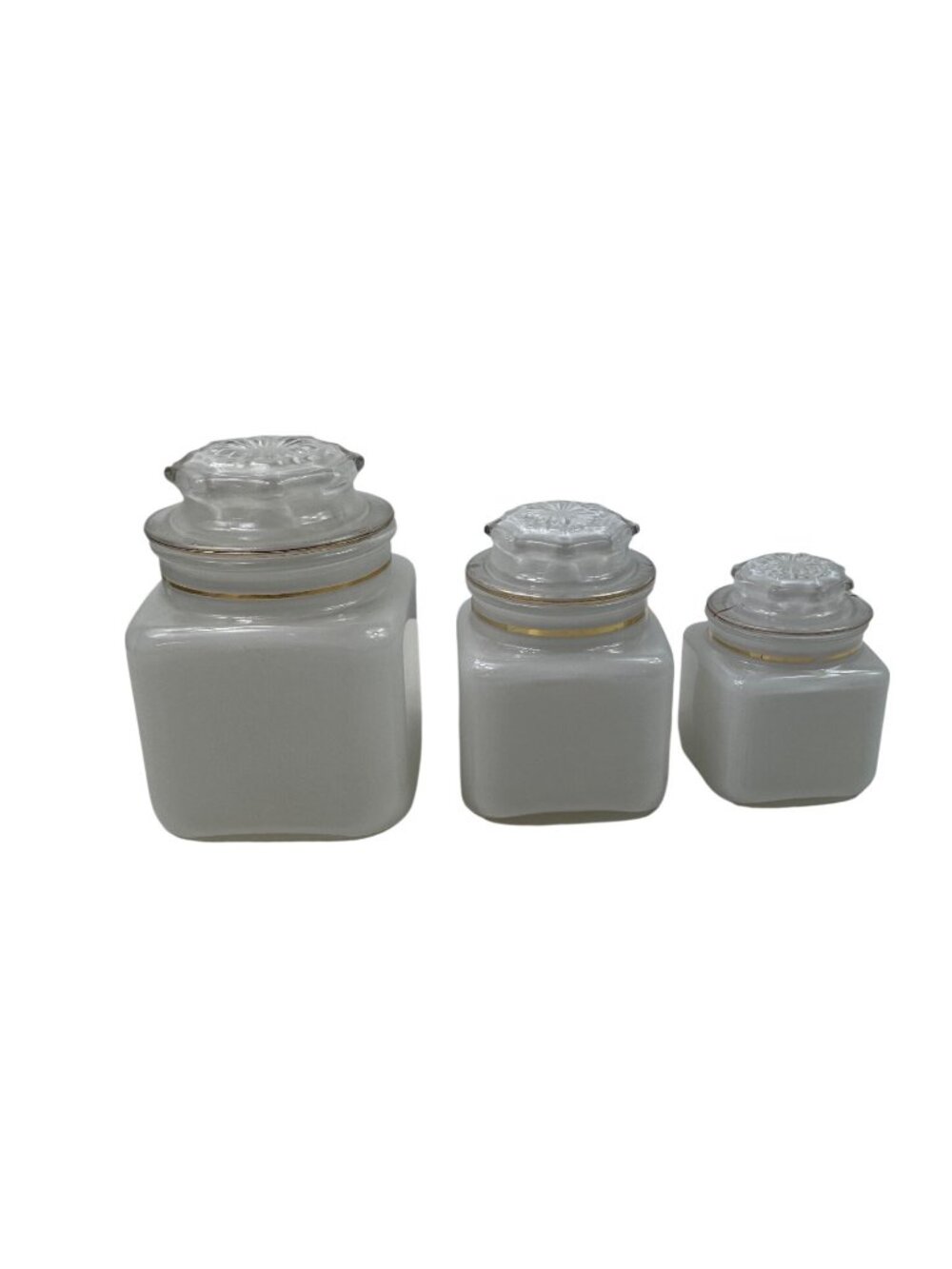 White Frosted Glass Jars With Gold Trim And Floral Rose Design Set Of 3 With Lid - Picture 5 of 15